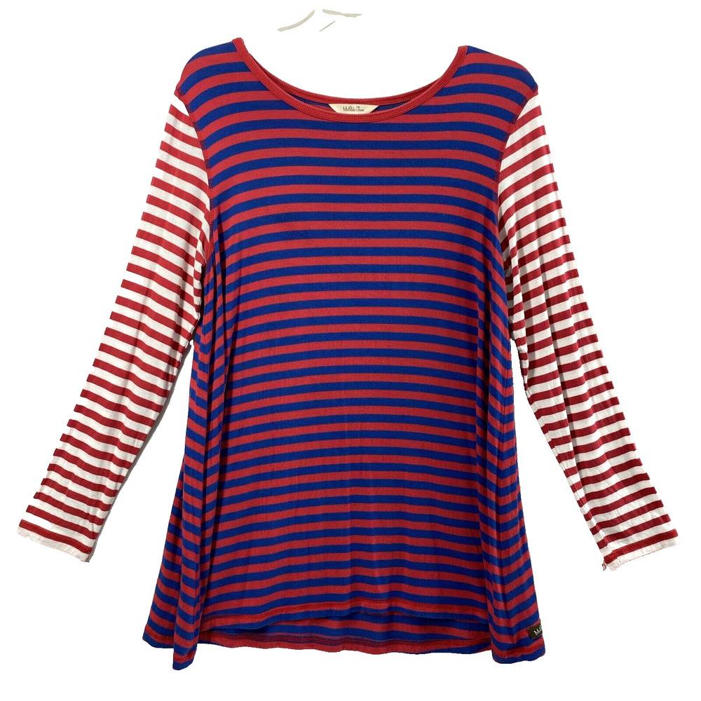 Matilda Jane Top Womens Medium Red White Blue Stripe Long Sleeve Tunic Blouse